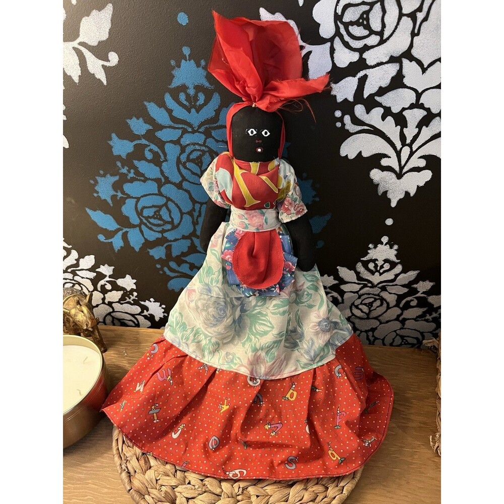 Vintage Handmade Black Americana Folk Art Cloth Rag Doll 23” Apron Head Wrap